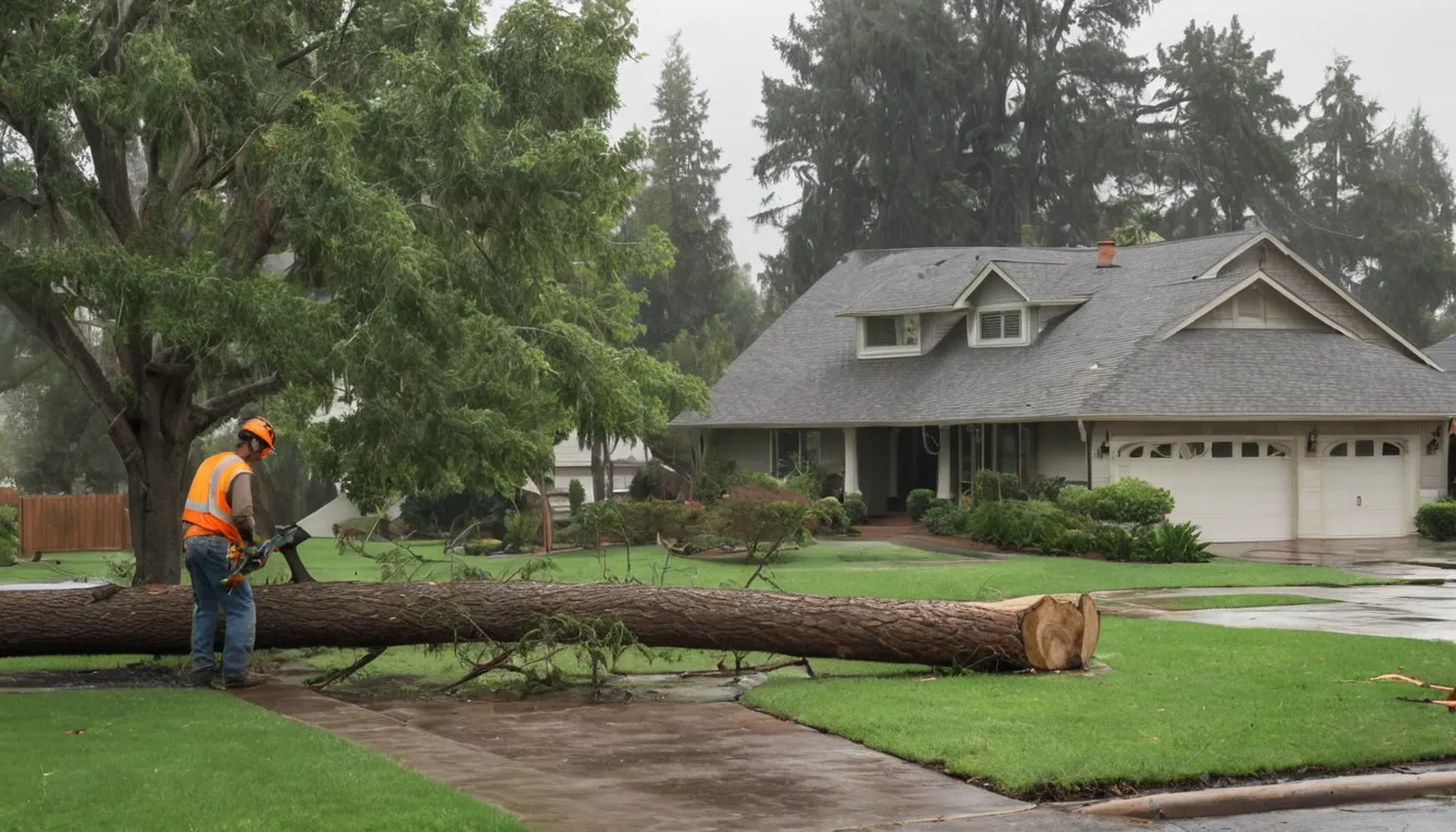 Tree removal provider working safely on a storm-fallen tree in a home yard in Woodbury