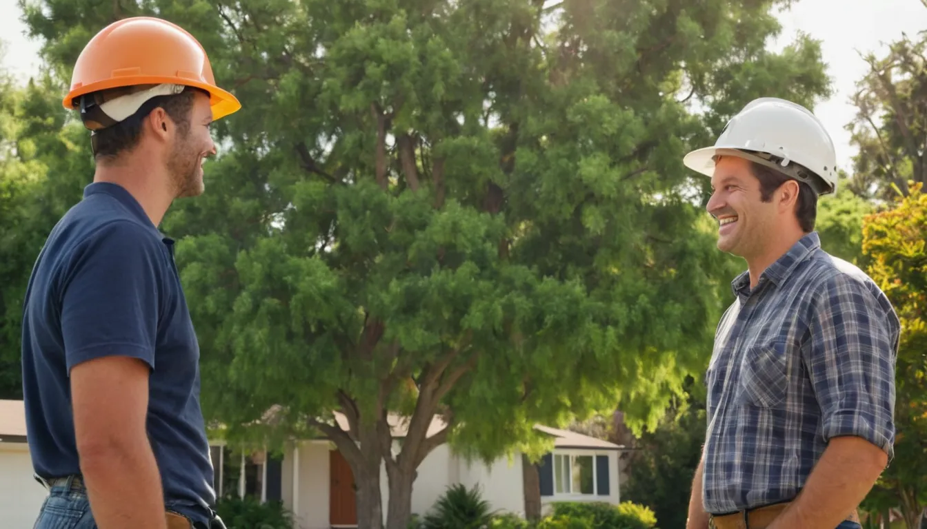 A friendly provider and homeowner talking beside a large tree in a Woodbury yard