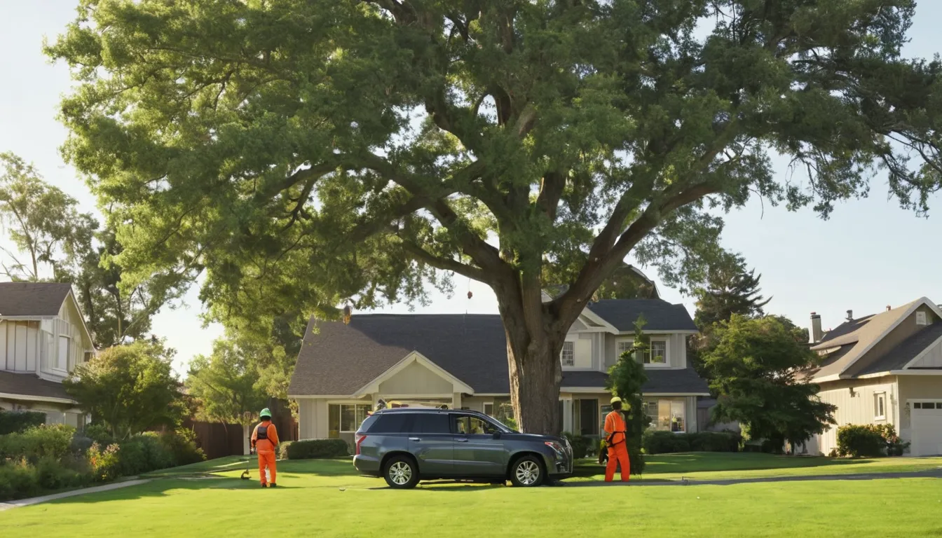 A local tree removal provider cutting down a tree in a Woodbury backyard